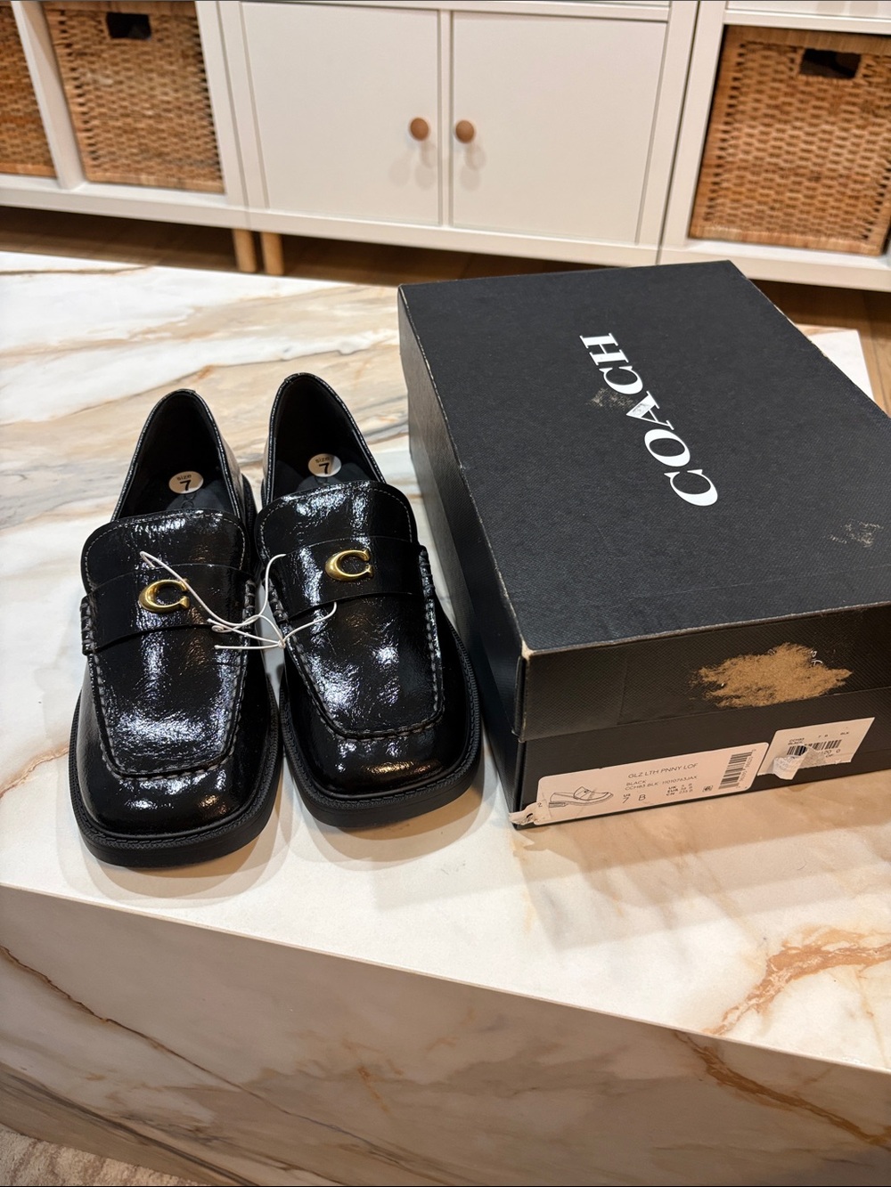 Coach Black Patent Leather Slip-On Loafers with Gold 'C' Accent